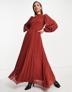 Приталенное платье макси рыжего цвета со свободной плиссированной юбкой, высоким воротником и длинными рукавами ASOS DESIGN-Красный