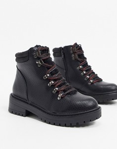 Черные походные ботинки на шнуровке и плоской подошве New Look-Черный цвет