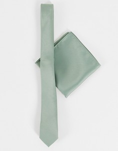 Узкий атласный галстук и платок паше шалфейно-зеленого цвета ASOS DESIGN-Зеленый цвет