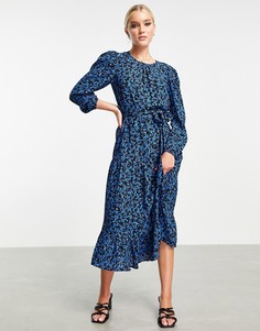 Синее платье миди с поясом и цветочным принтом Miss Selfridge-Голубой