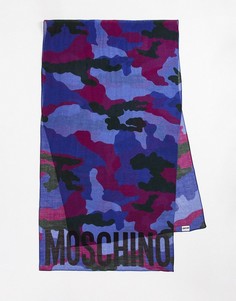 Синий шарф с камуфляжным принтом и логотипом Moschino-Голубой