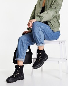 Черные походные ботинки на плоской подошве с подкладкой из искуcственного меха River Island-Черный цвет