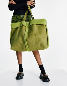 Большая сумка-тоут оливкового цвета с отделкой искусственным мехом Topshop-Зеленый цвет