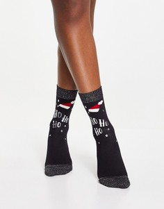 Черные носки с блестками в новогоднем стиле с надписью "Ho Ho Ho" Pretty Polly-Черный цвет