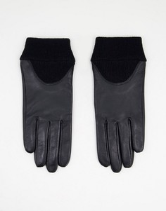 Черные кожаные перчатки для сенсорных экранов с манжетами в рубчик ASOS DESIGN-Черный цвет