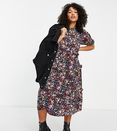 Платье миди с оборками и темным цветочным принтом Influence Plus-Разноцветный