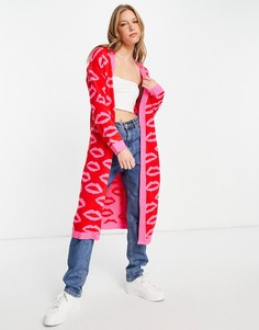 Удлиненный кардиган с принтом в виде красных губ на фоне цвета фуксии Liquorish-Разноцветный