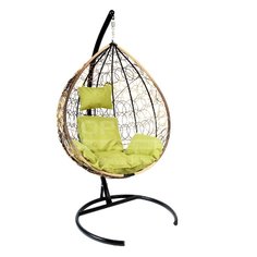 Качели садовые Кокон Z-03 коричневый ротанг со зеленой подушкой