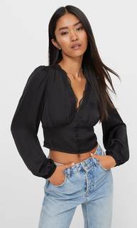 Stradivarius Атласная Блуза С V-Образным Вырезом Черный M