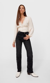 Stradivarius Атласная Блуза С V-Образным Вырезом Цвет Камня L