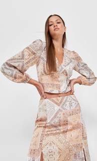 Stradivarius Блуза С Принтом И V-Образным Вырезом Цвет Камня L