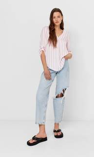 Stradivarius Рубашка В Полоску С Рукавами 3/4 Пастельно-Розовый Xs