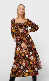 Stradivarius Платье Миди С Цветочным Принтом Коричневый S