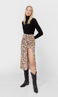 Stradivarius Юбка Миди С Цветочным Принтом В Стиле Рустик Черный 38