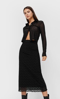 Stradivarius Юбка Миди Из Полупрозрачной Ткани С Волнистой Кромкой Черный S