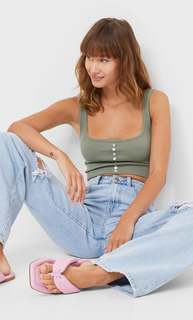 Stradivarius Бесшовный Топ С Пуговицами Хаки Xl