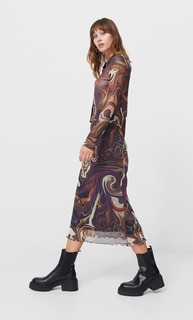 Stradivarius Юбка Миди Из Полупрозрачной Ткани С Волнистой Кромкой Черный Xs
