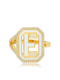 Colette кольцо Gatsby с инициалом E из желтого золота с бриллиантами и белой эмалью