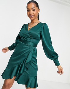 Изумрудное атласное платье мини с запахом Style Chew-Зеленый цвет