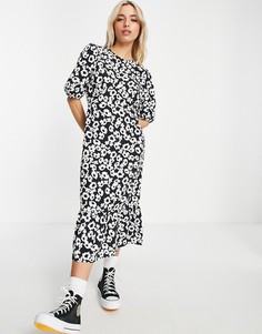 Платье миди с пышными рукавами и черно-белым цветочным принтом Miss Selfridge-Разноцветный