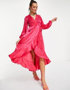 Ярко-розовое атласное платье макси с запахом и длинными рукавами Flounce London Maternity-Розовый цвет