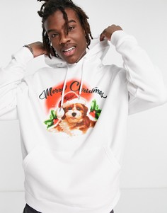 Oversized-худи белого цвета с новогодним принтом с собакой ASOS DESIGN-Белый