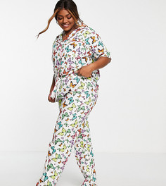 Пижамный комплект из рубашки с короткими рукавами, брюк и резинки для волос с ярким принтом бабочек Daisy Street Plus-Разноцветный