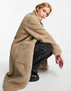Бежевое плюшевое пальто удлиненного кроя с большими карманами и воротником-стойкой Selected Femme-Коричневый цвет