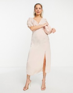 Нежно-розовое бархатное платье миди с перекрученной отделкой Miss Selfridge-Розовый цвет