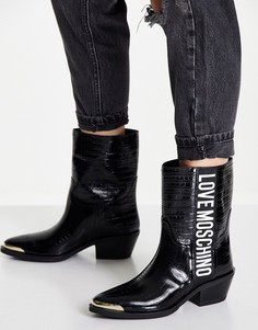 Черные ботильоны в стиле вестерн на каблуке с металлической накладкой на носке Love Moschino-Черный