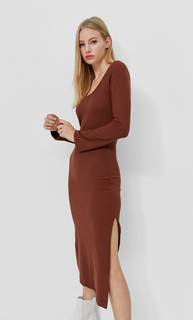 Stradivarius Трикотажное Платье Миди Коричневый Xl