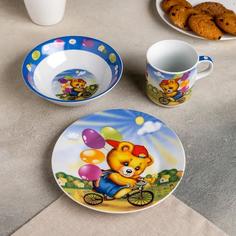 Набор детской посуды Доляна &quot;Мишка на велосипеде&quot;, 3 предмета: кружка 230мл, миска 400мл, тарелка 18см
