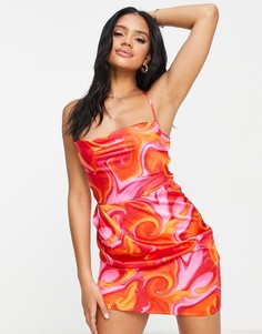 Атласное платье мини цвета фуксии и оранжевого цвета с принтом завитков и отделкой на спине NaaNaa-Розовый цвет