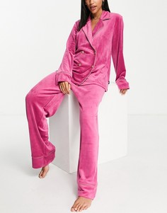 Розовый бархатный пижамный комплект премиум-класса из двубортного топа с отложным воротником и штанов Chelsea Peers-Желтый
