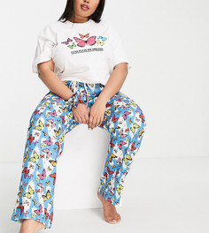 Пижамный комплект из oversized-футболки, брюк и резинки для волос с принтом бабочек Daisy Street Plus-Разноцветный