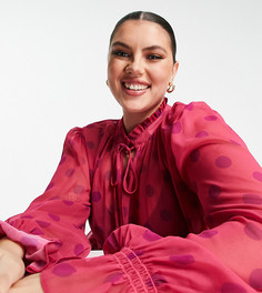 Розовая блузка в горошек с завязкой на шее и присборенной талией ASOS DESIGN Curve-Розовый цвет