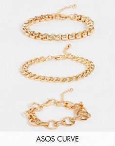 Набор из 3 золотистых браслетов-цепочек разного дизайна в винтажном стиле ASOS DESIGN Curve-Золотистый
