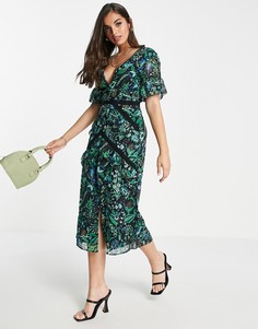 Чайное платье миди с контрастной кружевной отделкой и сине-зеленым цветочным принтом Hope & Ivy-Разноцветный