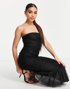Черное присборенное платье-бандо миди с открытыми плечами и оборкой на юбке Rare London-Черный цвет