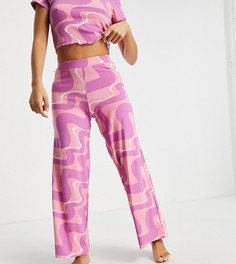 Розовый пижамный комплект с широкими брюками и футболкой с принтом завитков ASOS DESIGN Petite-Разноцветный