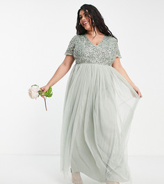 Шалфейно-зеленое платье макси из тюля с короткими рукавами и пайетками в тон ткани Maya Plus Bridesmaid-Зеленый цвет