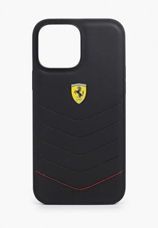 Чехол для iPhone Ferrari 13 Pro Max, Genuine leather Quilted with metal logo Hard Black