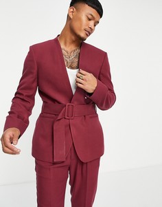 Бордовый пиджак узкого кроя с поясом и без воротника ASOS DESIGN-Красный