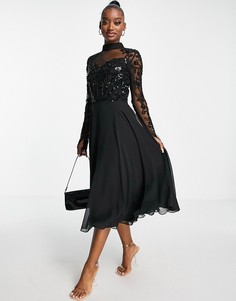 Черное платье миди с расклешенной юбкой и декорированным лифом Virgos Lounge-Черный цвет