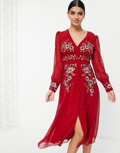 Чайное платье миди красного цвета с длинными рукавами и вышивкой Hope & Ivy-Красный