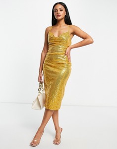 Золотистое платье миди с отделкой пайетками и свободным воротом NaaNaa-Золотистый