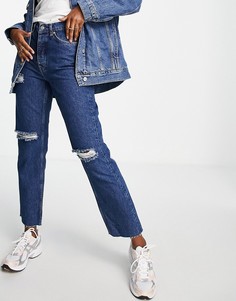 Темно-синие прямые джинсы с завышенной талией и разрывами на коленях NA-KD-Голубой