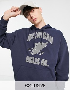 Худи свободного кроя из органического хлопка темно-синего цвета с принтом "Michigan Eagles" Reclaimed Vintage Inspired-Темно-синий