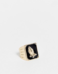 Золотистое кольцо-печатка с дизайном в виде сложенных в молитве рук WFTW-Золотистый