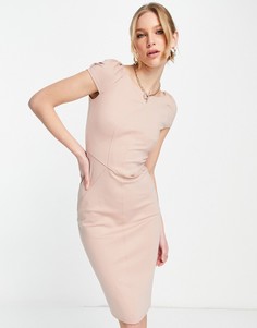 Серо-бежевое платье-футляр с объемными плечами и отделкой на лифе Closet London-Розовый цвет